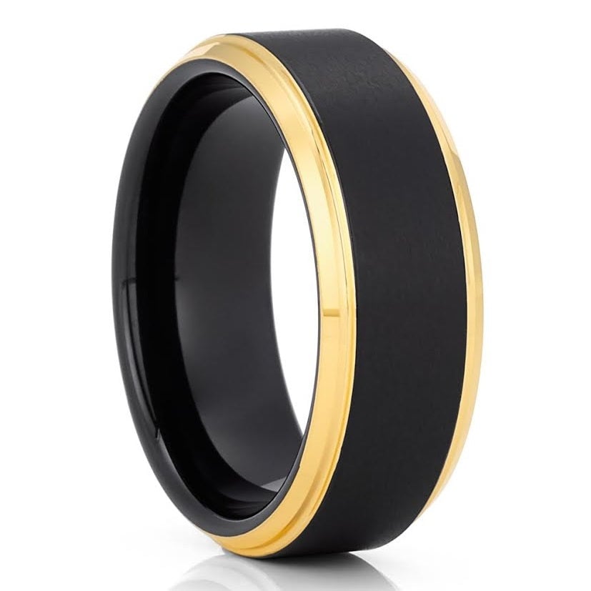 8mm Black Tungsten Carbide Wedding Ring Yellow Gold Comfortable Fit Size 7-15 Image 4