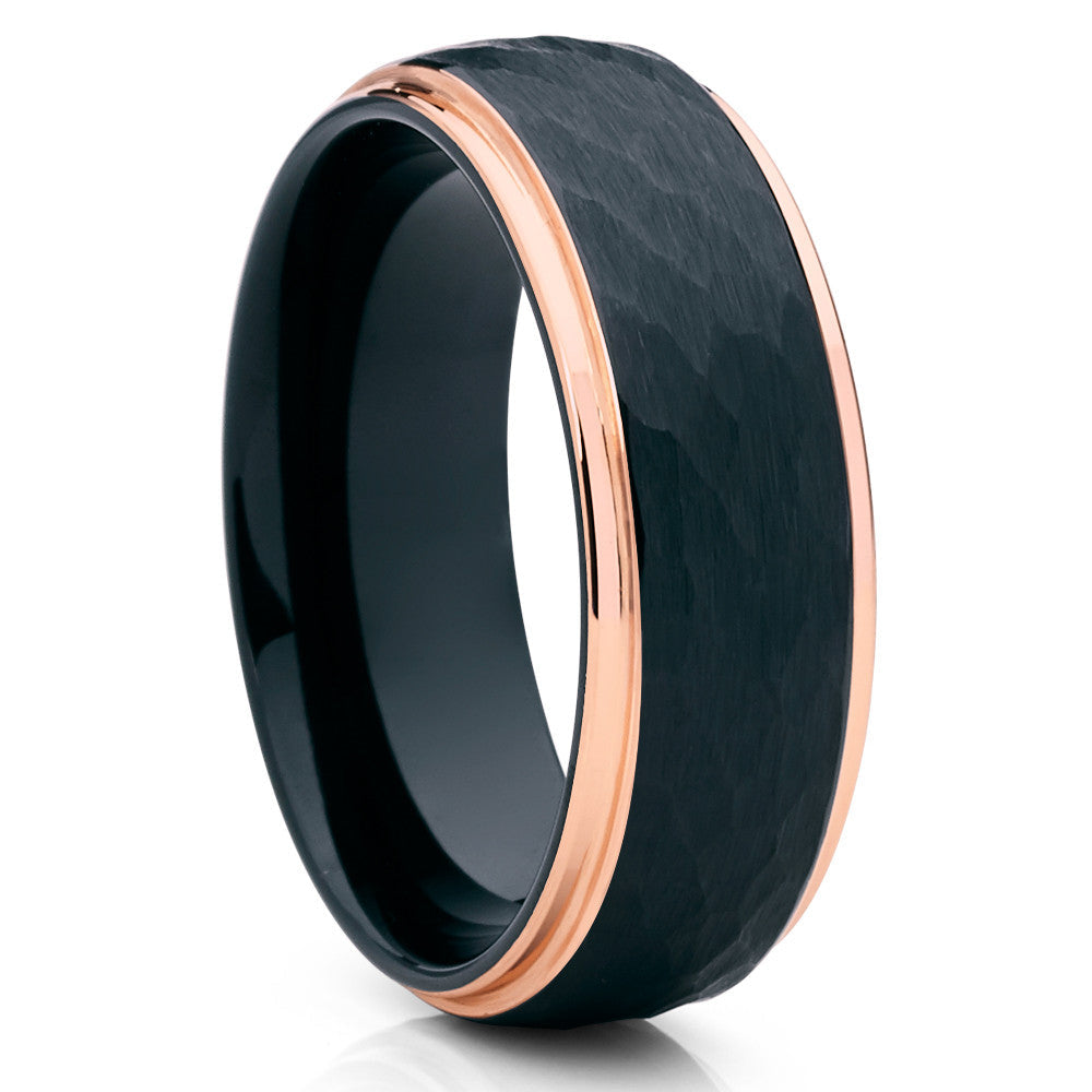 8mm Black Tungsten Ring Rose Gold Wedding Ring Hammered Ring Image 4