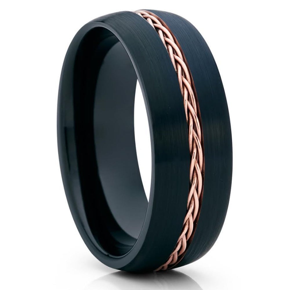 8mm Black Tungsten Carbide Ring Rose Gold Braid Comfort Fit Hypoallergenic Image 1