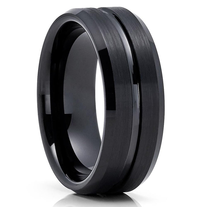 8mm Black Tungsten Carbide Ring Comfort Fit Grooved Center Engagement Anniversary Image 1