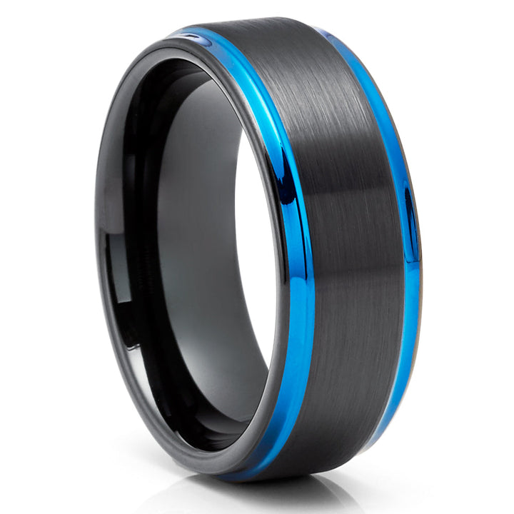 8mm Blue Tungsten Ring Black Tungsten Wedding Ring Black wedding Rinb Image 1