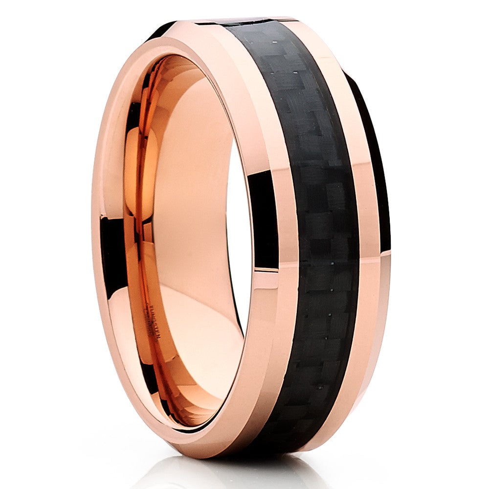 8mm Rose Gold Tungsten Carbide Wedding Ring with Carbon Fiber Comfort Fit Image 4