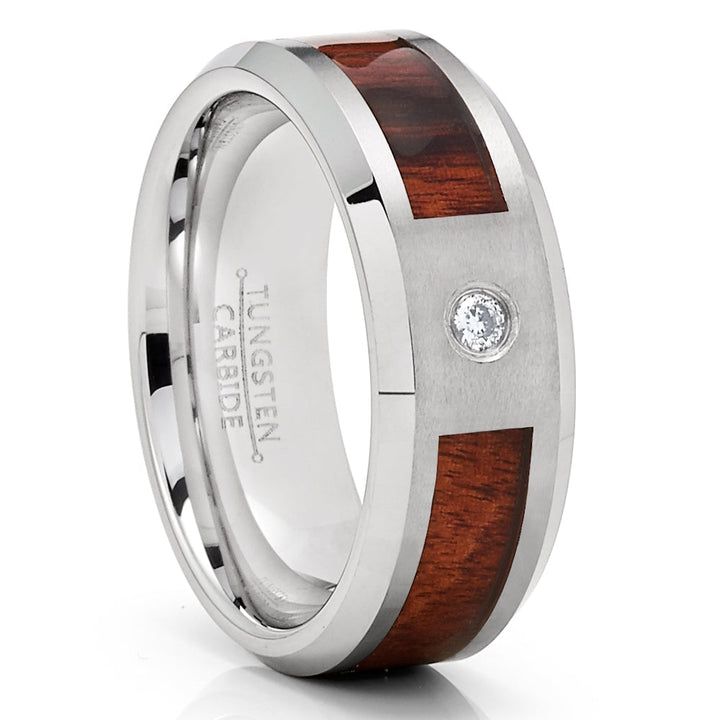 Koa Wood Tungsten Carbide Wedding Ring 8mm CZ Inlay Comfort Fit Sizes 7-12 Image 4