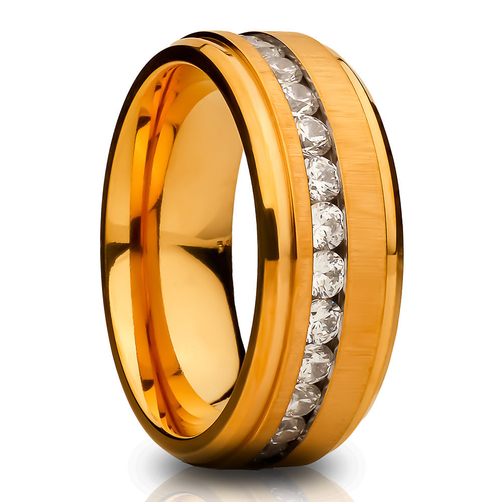 8mm Yellow Gold Tungsten Wedding Ring Comfort Fit CZ Inlay Size 7-12.25 Image 4