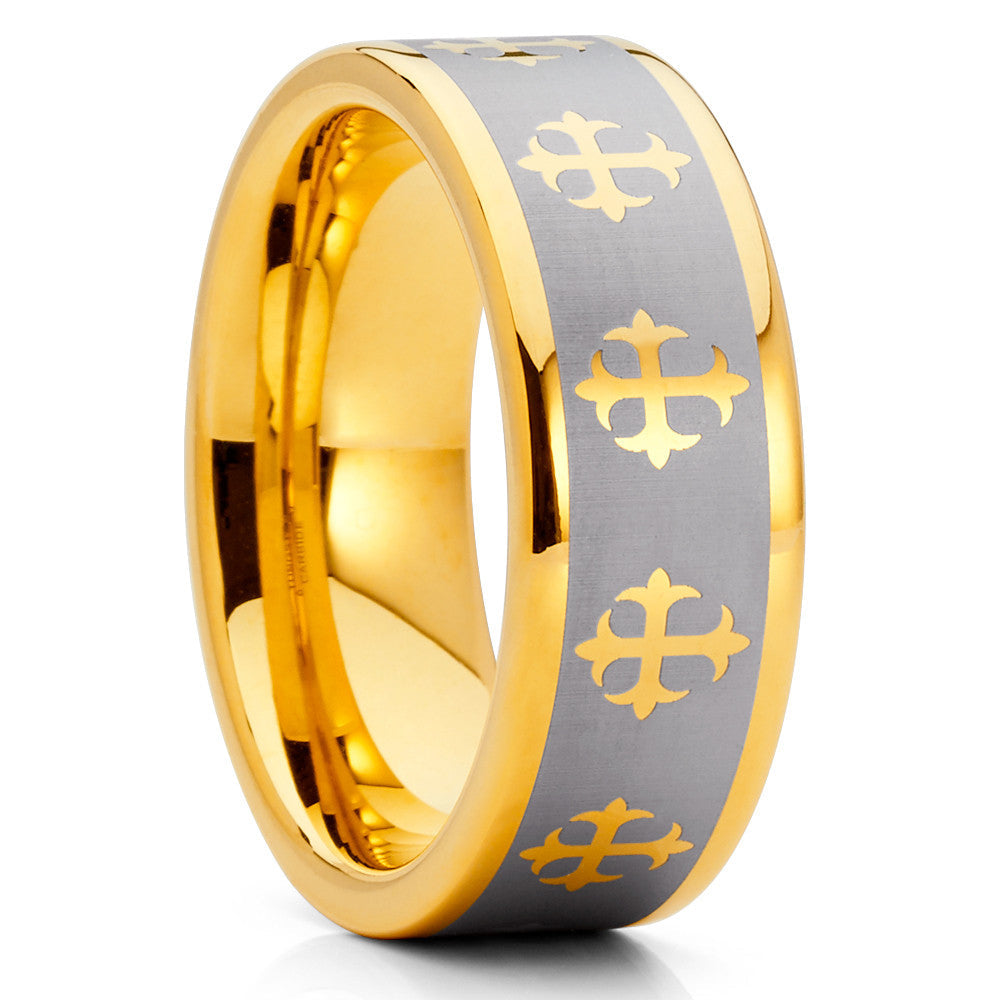 8mm Yellow Gold Wedding Ring Tungsten Carbide Ring Engagement Ring Cross Ring Image 1