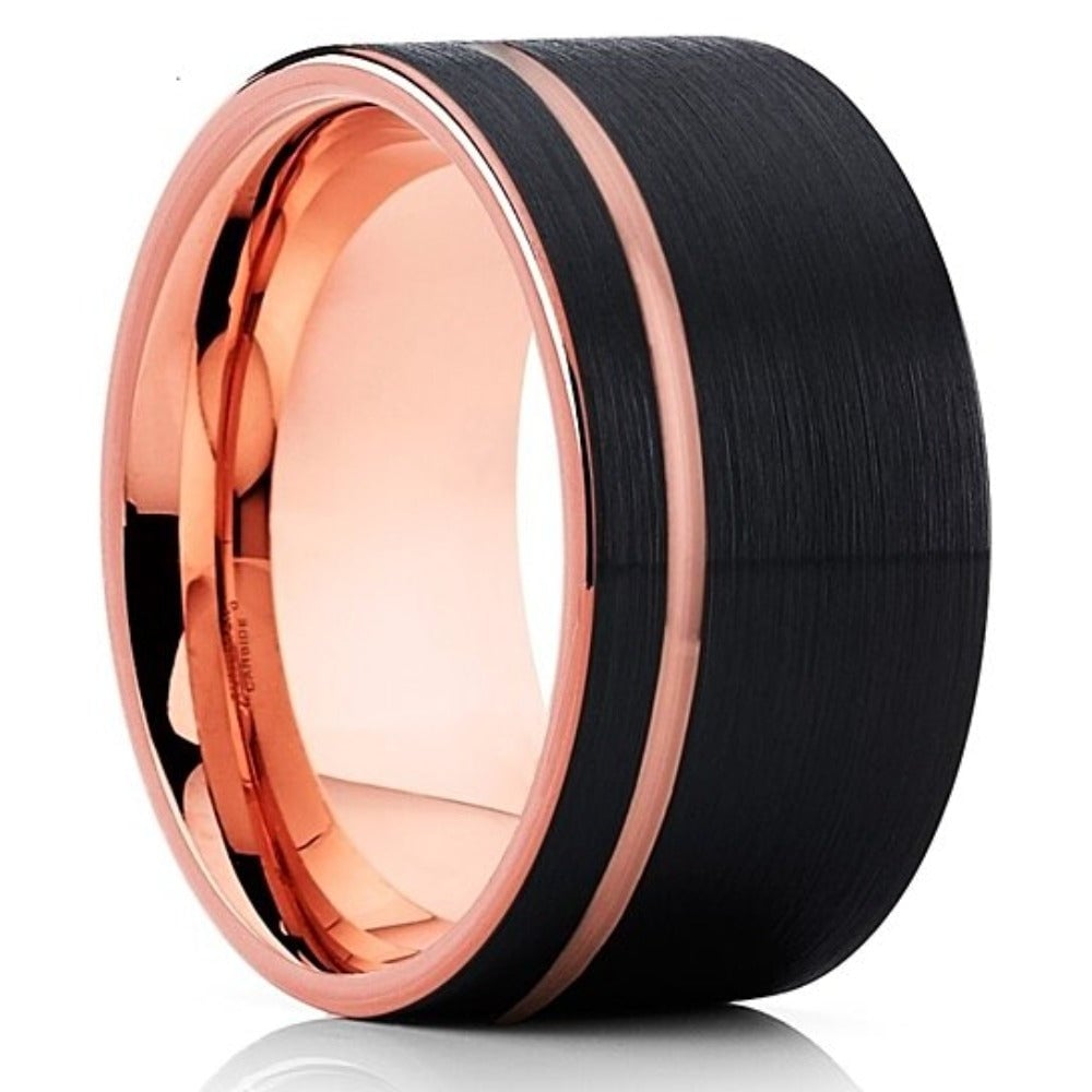 12mm Black Tungsten Carbide Wedding Ring Comfort Fit Rose Gold Plated Size 7-13 Image 1