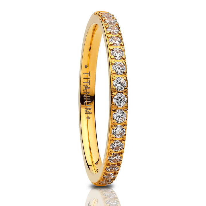 Yellow Gold 2mm Titanium Eternity Ring CZ Wedding Band Comfort Fit Ladies Image 1