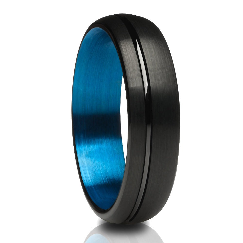 Black 6mm Tungsten Carbide Ring Matte Finish Blue Offset Groove Hypoallergenic Image 1