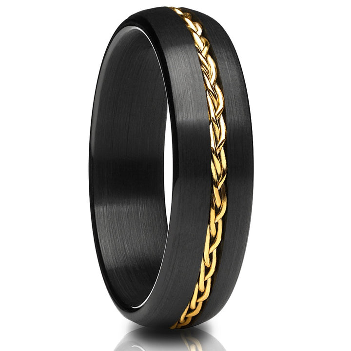 Black Tungsten Wedding Ring 6mm Comfort Fit Brushed Yellow Gold Plated Image 1