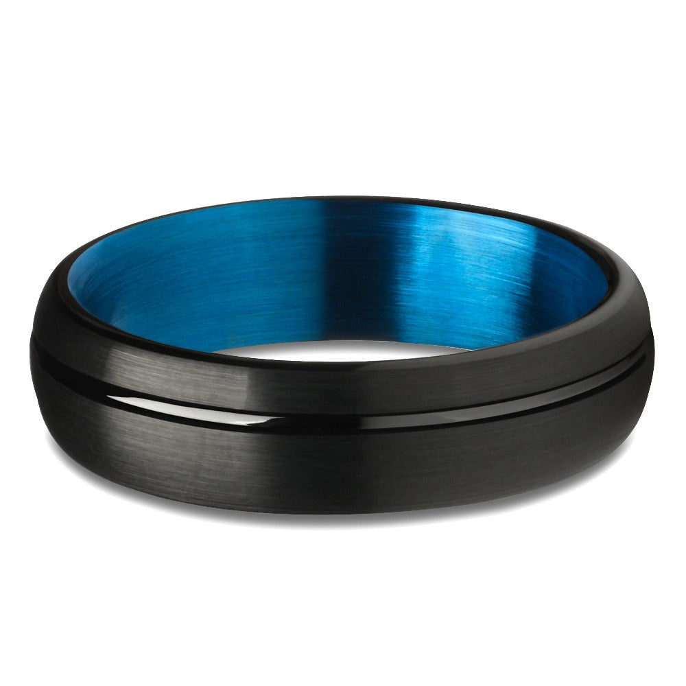 Black 6mm Tungsten Carbide Ring Matte Finish Blue Offset Groove Hypoallergenic Image 2