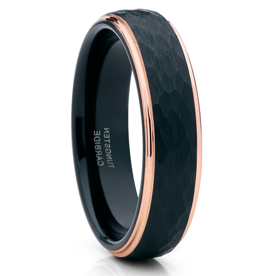 6MM Black Tungsten Ring Rose Gold Wedding Ring Tungsten Carbide Ring Hammered Image 1