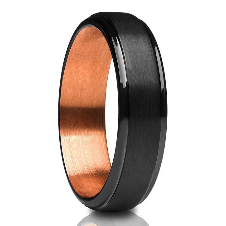 Black Tungsten Wedding Ring 6mm Rose Gold Edges Comfort Fit Tungsten Carbide Image 1