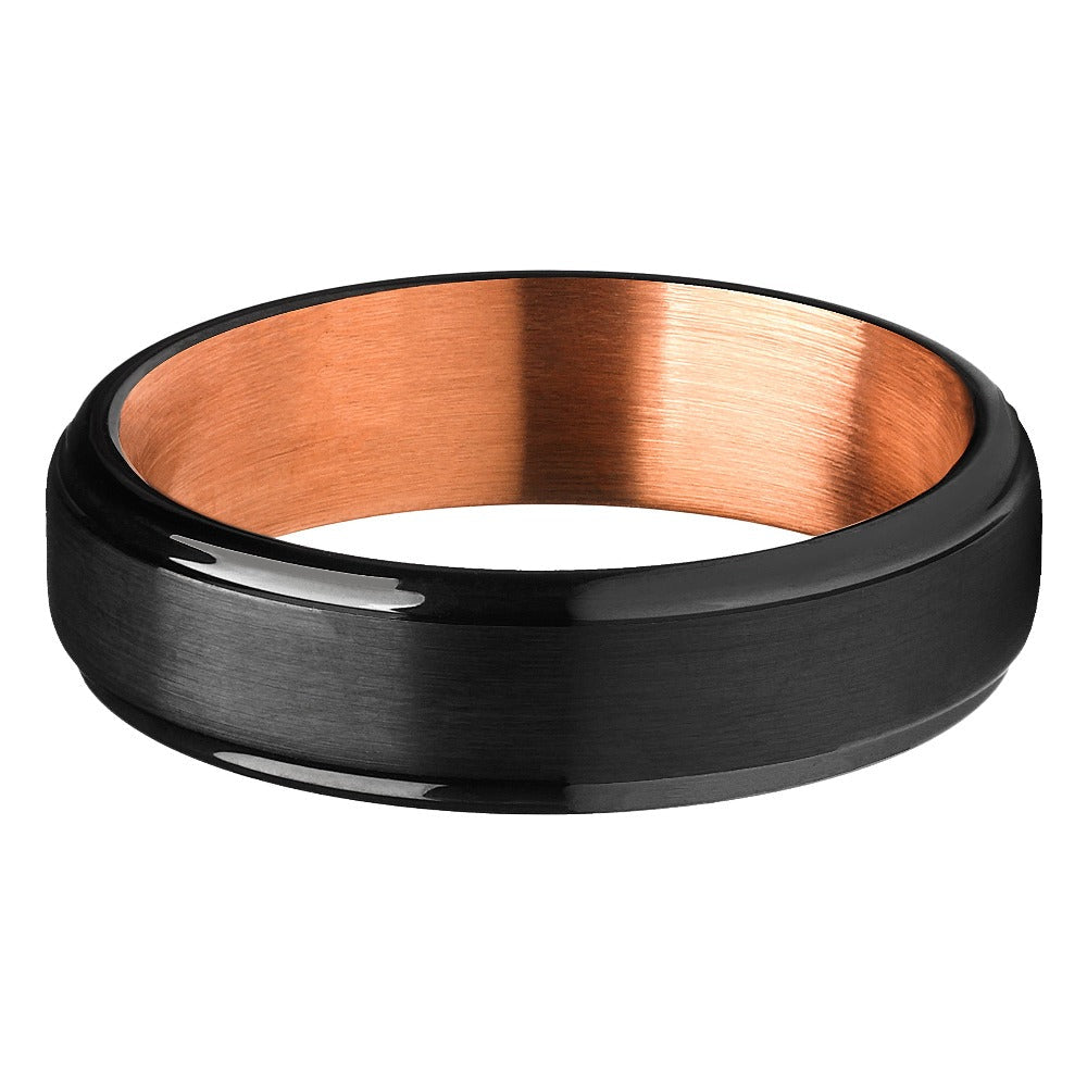 Black Tungsten Wedding Ring 6mm Rose Gold Edges Comfort Fit Tungsten Carbide Image 2