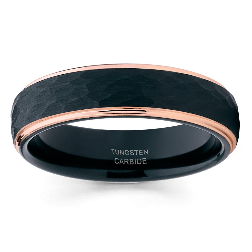 6MM Black Tungsten Carbide Wedding Ring Rose Gold Comfort Fit Hammered Image 2