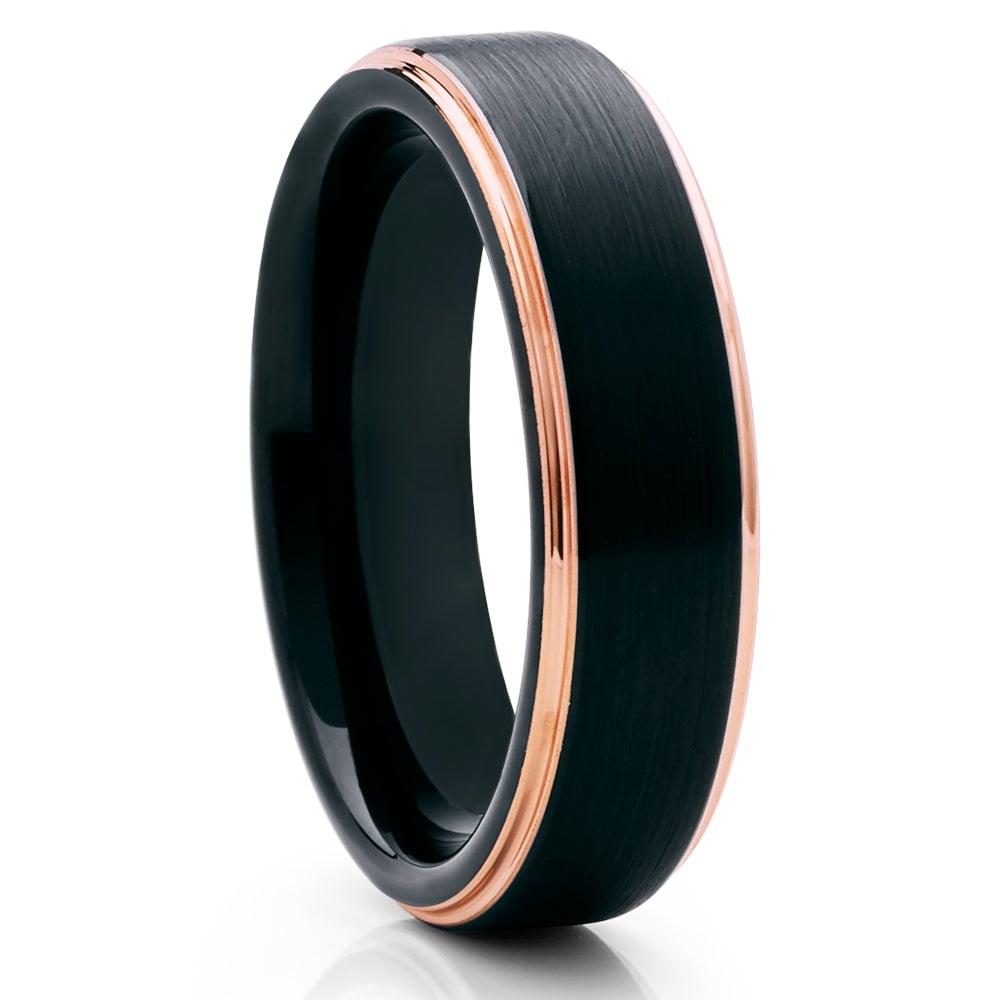 Black Tungsten Wedding Band 6mm Rose Gold IP Plated Comfort Fit Carbide Ring Image 1