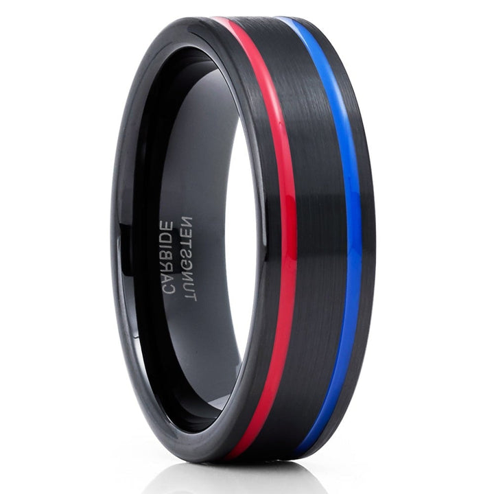 Black Tungsten Wedding Ring 6mm Red Blue Inlay Comfort Fit Cobalt Free Image 1