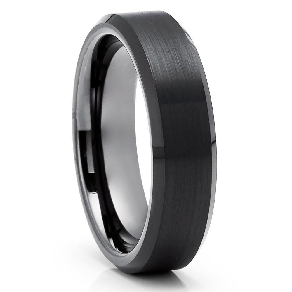 Black Tungsten Carbide Wedding Ring 6mm Comfort Fit Gunmetal Beveled Edge Image 4