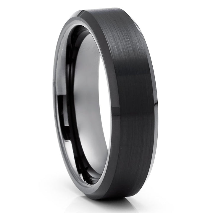 Black Tungsten Carbide Wedding Ring 6mm Comfort Fit Gunmetal Beveled Edge Image 1