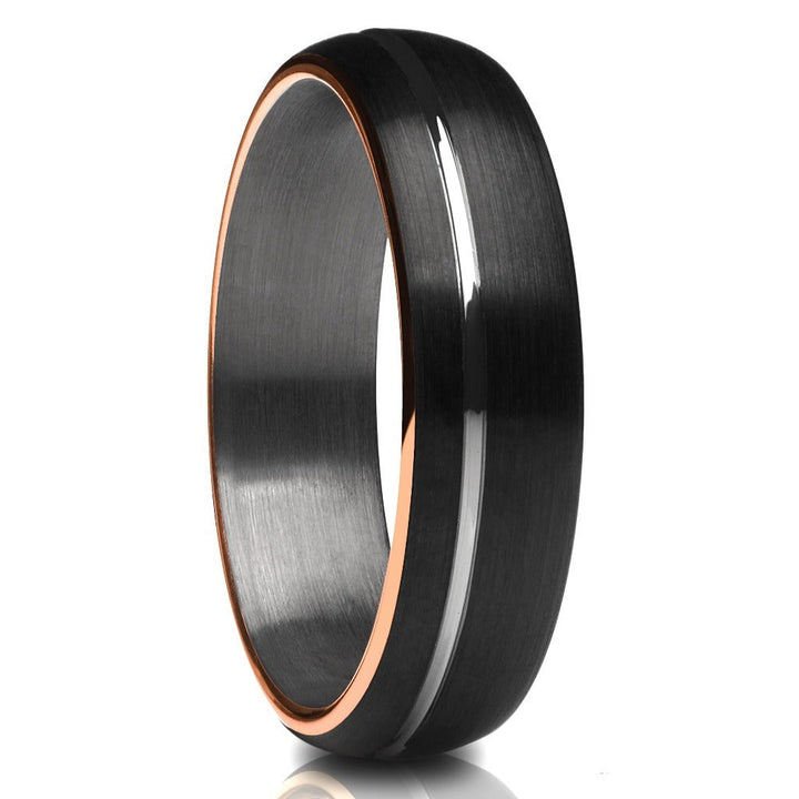 6mm Black Tungsten Carbide Wedding Ring Matte Finish Rose Gold Edges Comfort Fit Image 1