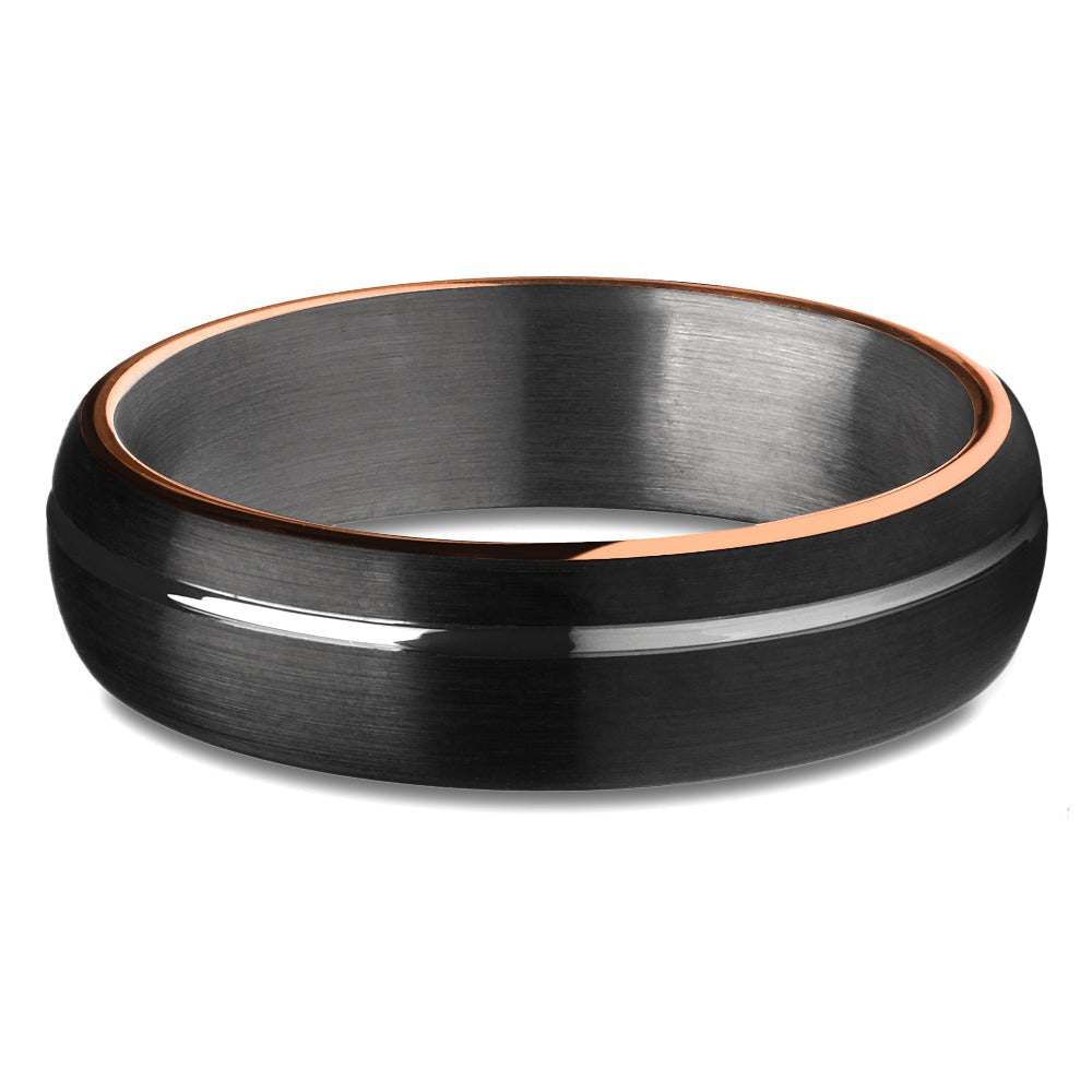 6mm Black Tungsten Carbide Wedding Ring Matte Finish Rose Gold Edges Comfort Fit Image 2