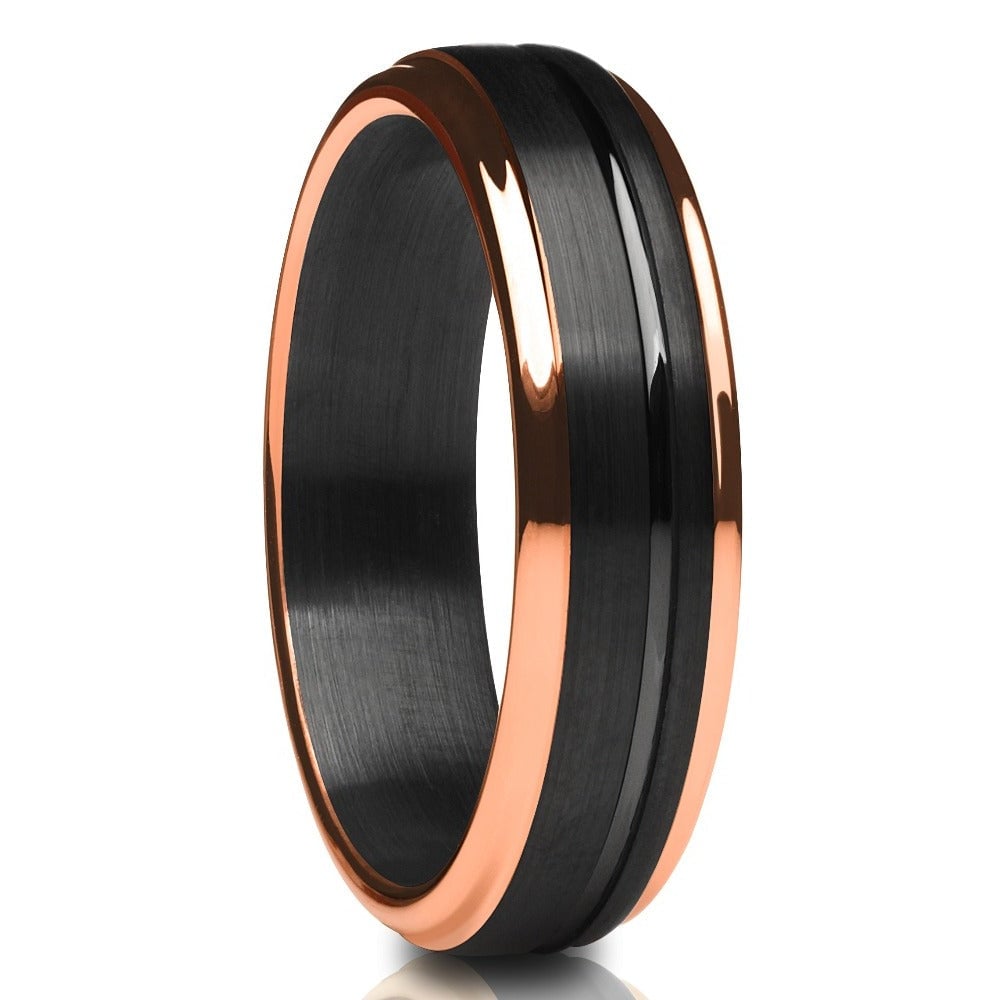 6mm Black Tungsten Wedding Ring with Rose Gold IP Plating Comfort Fit Sizes 6-13 Image 1