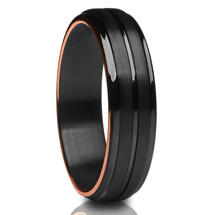 6mm Black Tungsten Carbide Wedding Engagement Ring Rose Gold Edges Comfort Fit Image 1