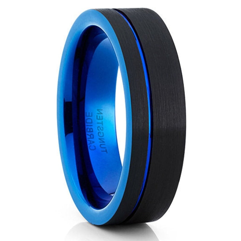 Blue and Black Tungsten Wedding Ring 6mm Offset Grooved Comfort Fit Cobalt Free Image 1