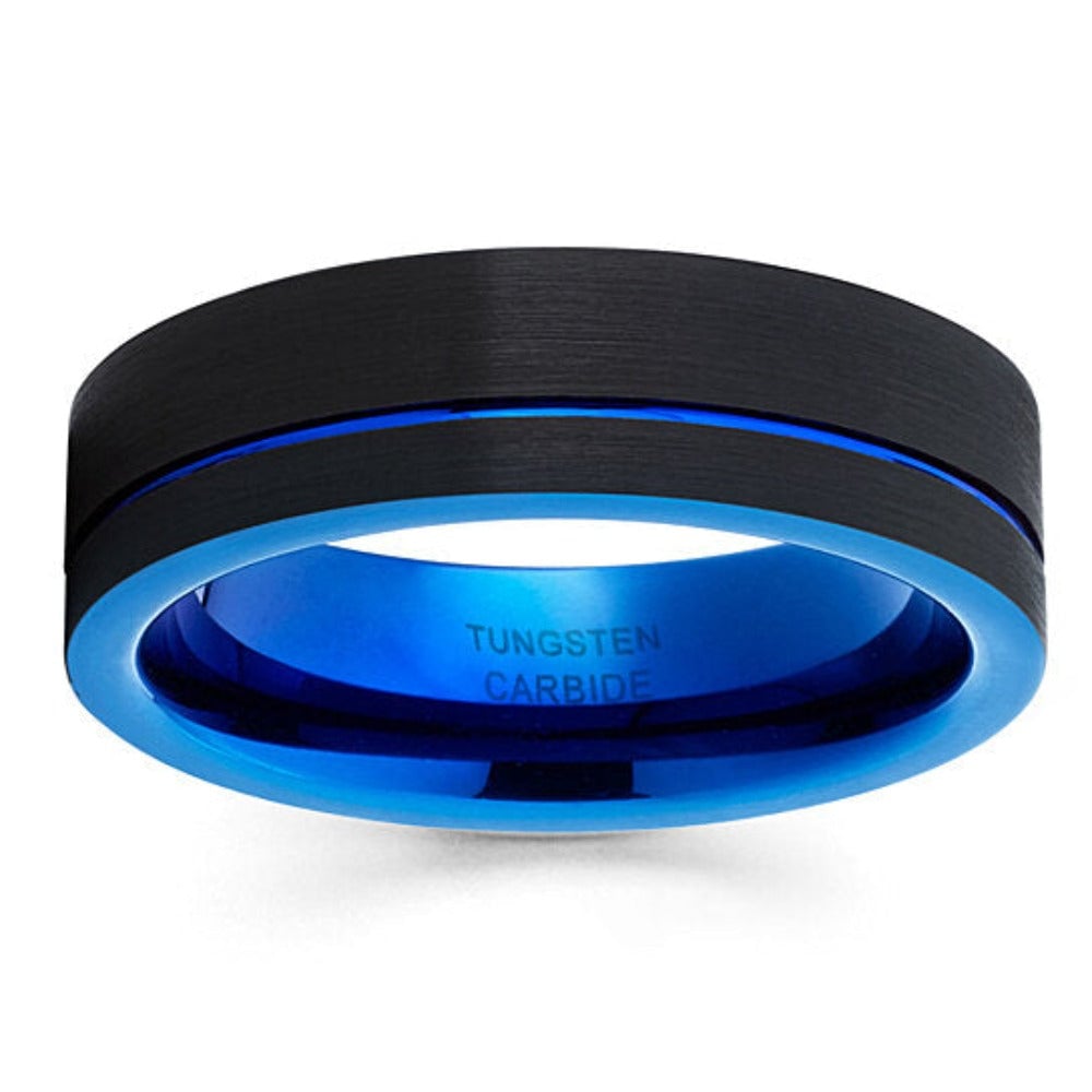 Blue and Black Tungsten Wedding Ring 6mm Offset Grooved Comfort Fit Cobalt Free Image 2