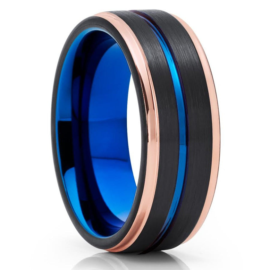 Blue Tungsten Carbide Wedding Ring 6mm with Rose Gold IP Plating Comfort Fit Image 1