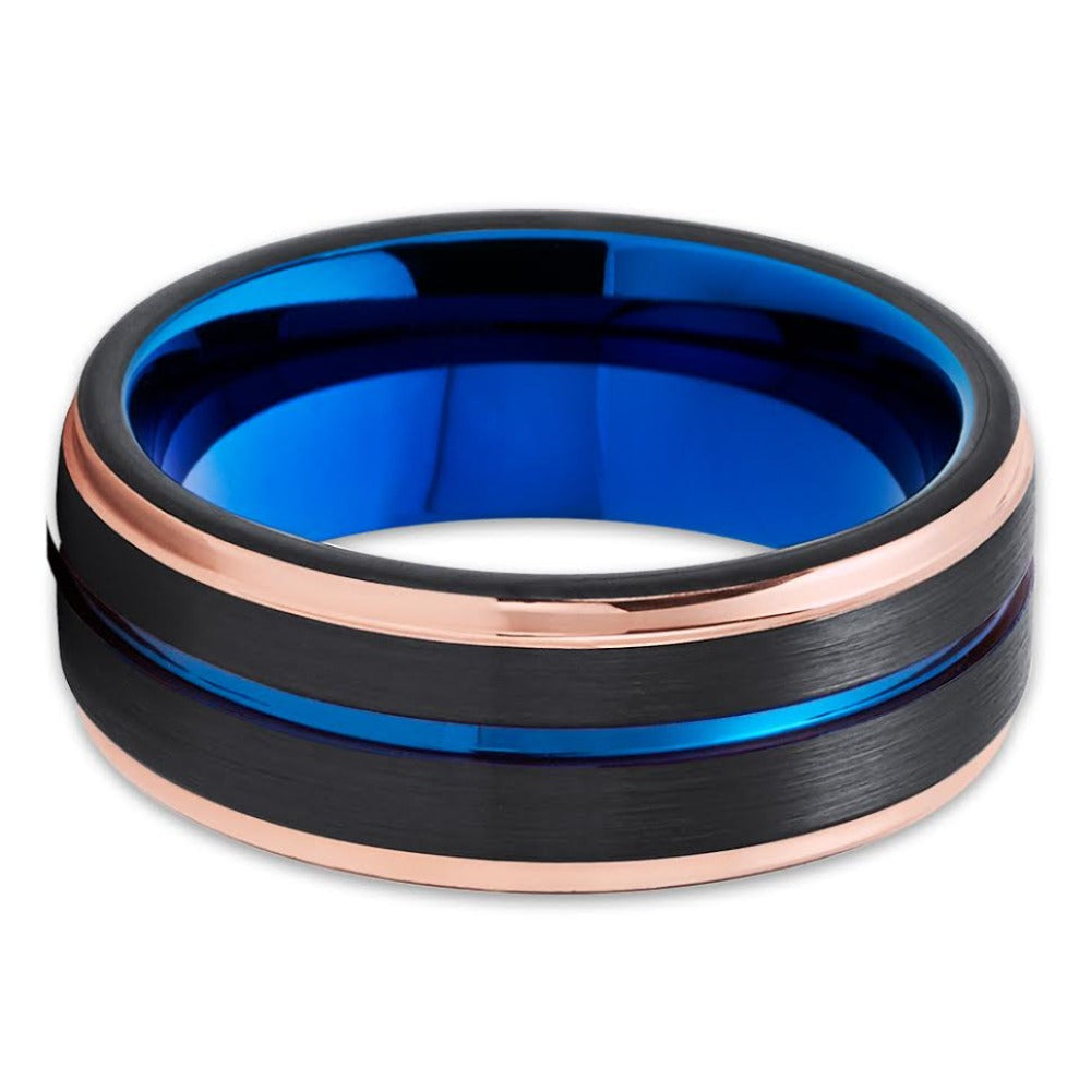 Blue Tungsten Carbide Wedding Ring 6mm with Rose Gold IP Plating Comfort Fit Image 2