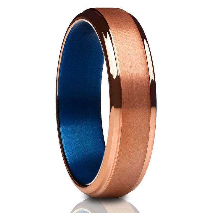 6mm Rose Gold Tungsten Wedding Ring Blue Comfort Fit Hypoallergenic Jewelry Image 1