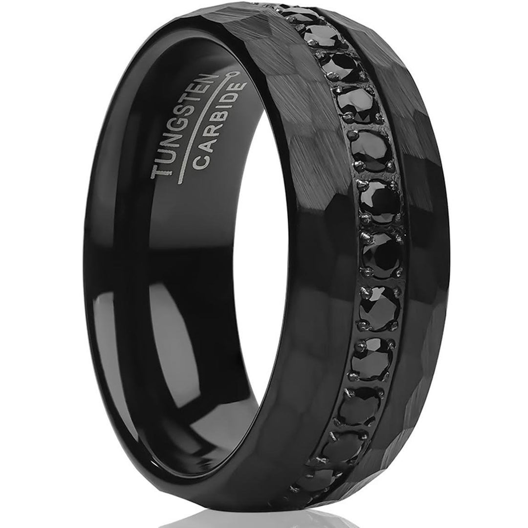 Black Tungsten Ring 8mm Hammered Wedding Ring with CZ Comfort Fit Cobalt Free Image 1