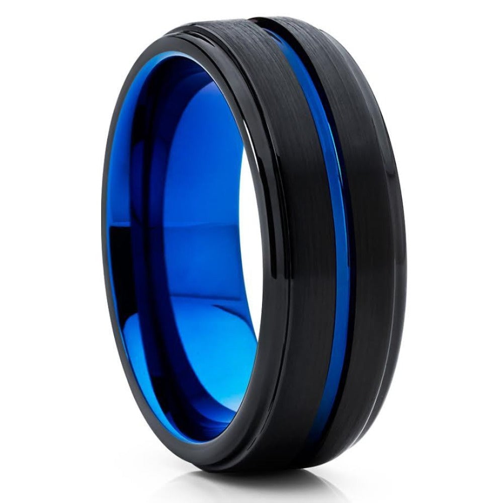 Black Blue Tungsten Carbide Ring 8mm Two Tone Wedding Band Comfort Fit Image 1