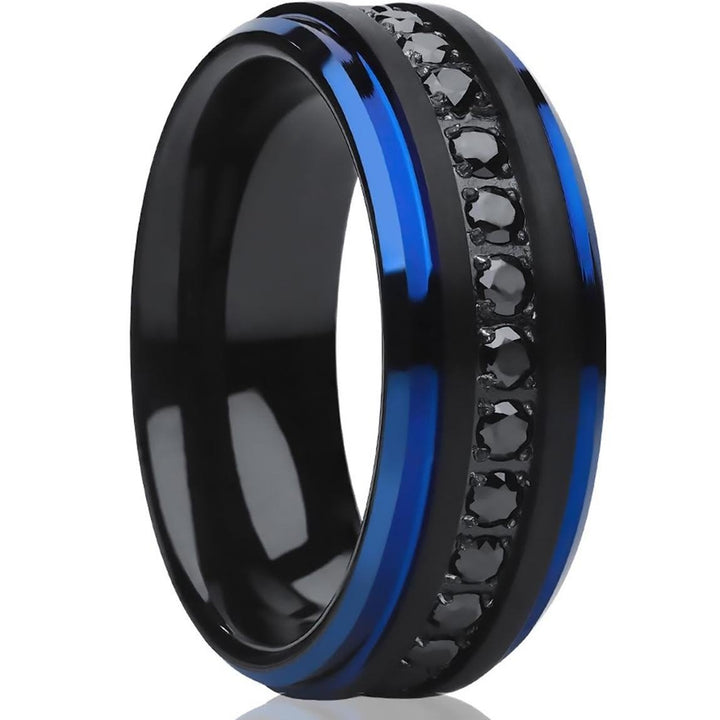 Black Tungsten Ring 8mm Comfort Fit Wedding Band Blue Edges Black CZ size 7-15 Image 1