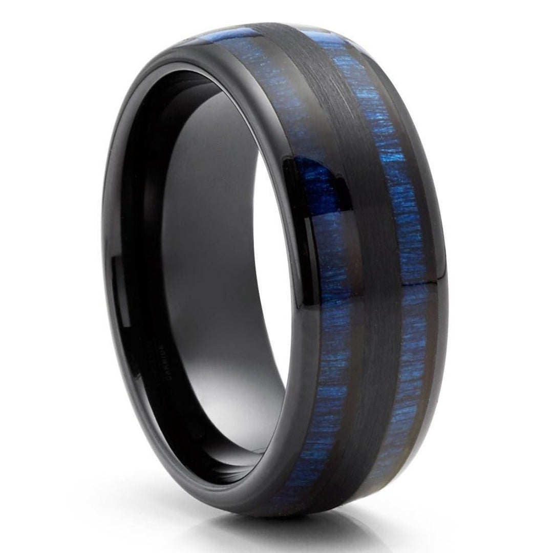 Black Tungsten Ring Engagement Ring 8mm Wedding Ring Blue Bamboo Ring Image 4