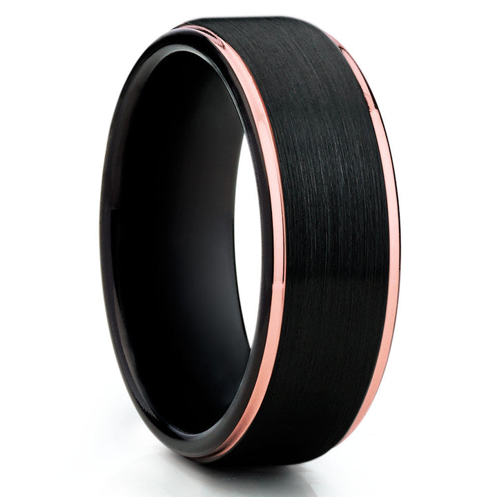 Black Tungsten Wedding Ring 8mm Black Band with Rose Gold Plating Comfort Fit Image 4