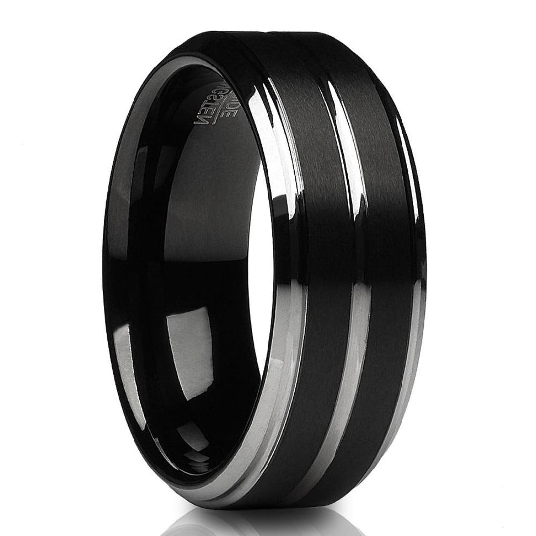 Black Tungsten Wedding Ring 8mm Comfort Fit Silver Center Brush Finish Image 4