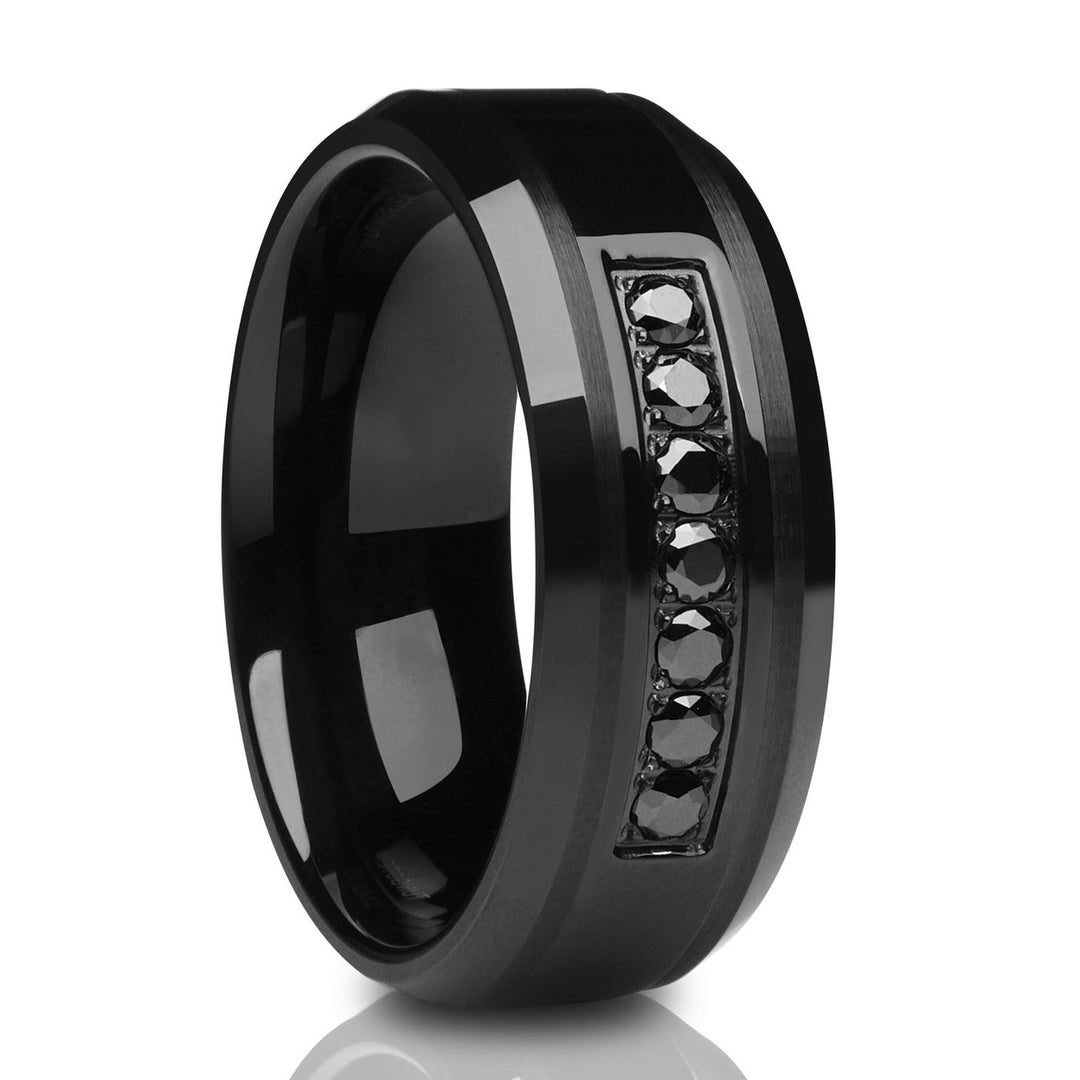 Black Tungsten Wedding Ring 8mm Comfort Fit CZ Inlay Cobalt Free Tungsten Carbide Image 4