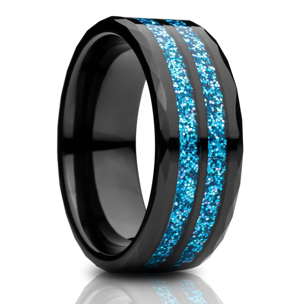 Black Tungsten Wedding Ring 8mm Blue Glitter Inlay Comfort Fit Cobalt Free Image 4