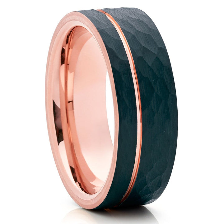 Black Tungsten Wedding Ring 8mm Hammered Rose Gold IP Comfort Fit Cobalt Free Image 4