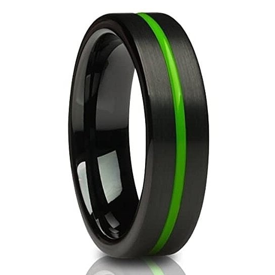 Black Tungsten Wedding Ring 6mm Green Inlay Comfort Fit Cobalt Free Image 1