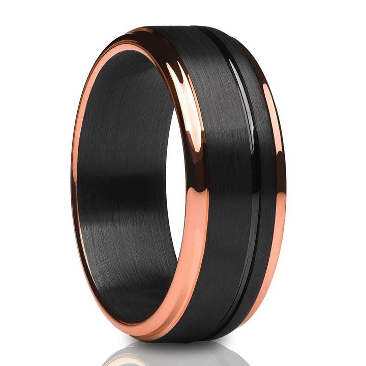 Black Tungsten Wedding Ring 8mm Rose Gold IP Plating Unique Comfort Fit Image 1