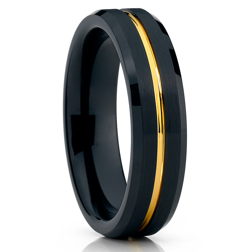 Black Tungsten Wedding Ring 6mm Yellow Gold Comfort Fit Anniversary Band Image 4