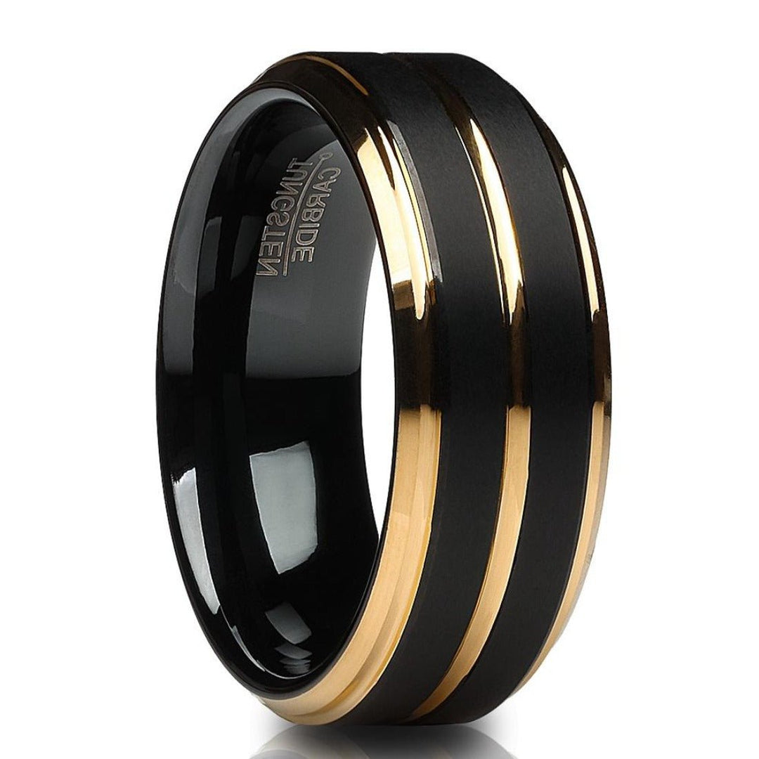 Black Tungsten Carbide Wedding Ring 8mm Yellow Gold Comfort Fit Sizes 7-15 Image 4