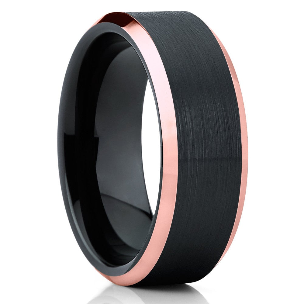 Black Tungsten Carbide Wedding Ring 8mm Rose Gold IP Beveled Edge Comfort Fit Image 4