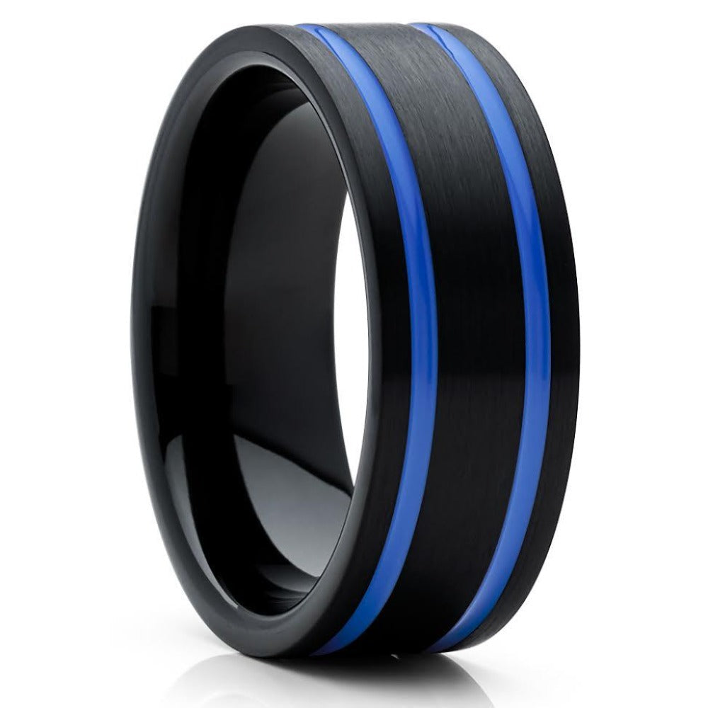 Black Tungsten Wedding Ring 8mm Comfort Fit with Blue Inlay Cobalt Free Image 4