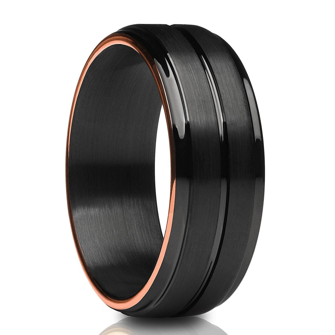 Black Tungsten Carbide Wedding Ring 8mm Rose Gold Edges Comfort Fit Hypoallergenic Image 4