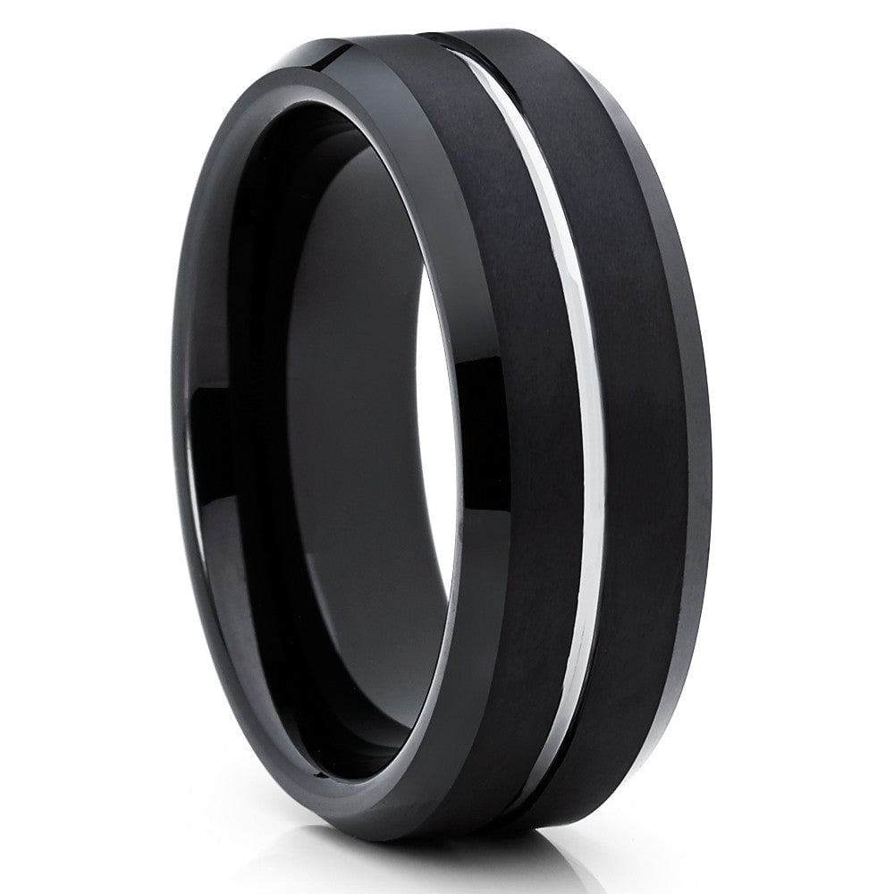 Black Tungsten Carbide Wedding Ring 8mm Silver Groove Comfort Fit Cobalt Free Image 4