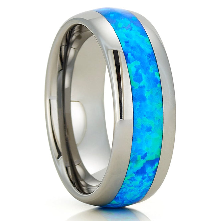 Blue Opal Tungsten Ring 8mm Comfort Fit Silver Engagement Anniversary Band Image 4