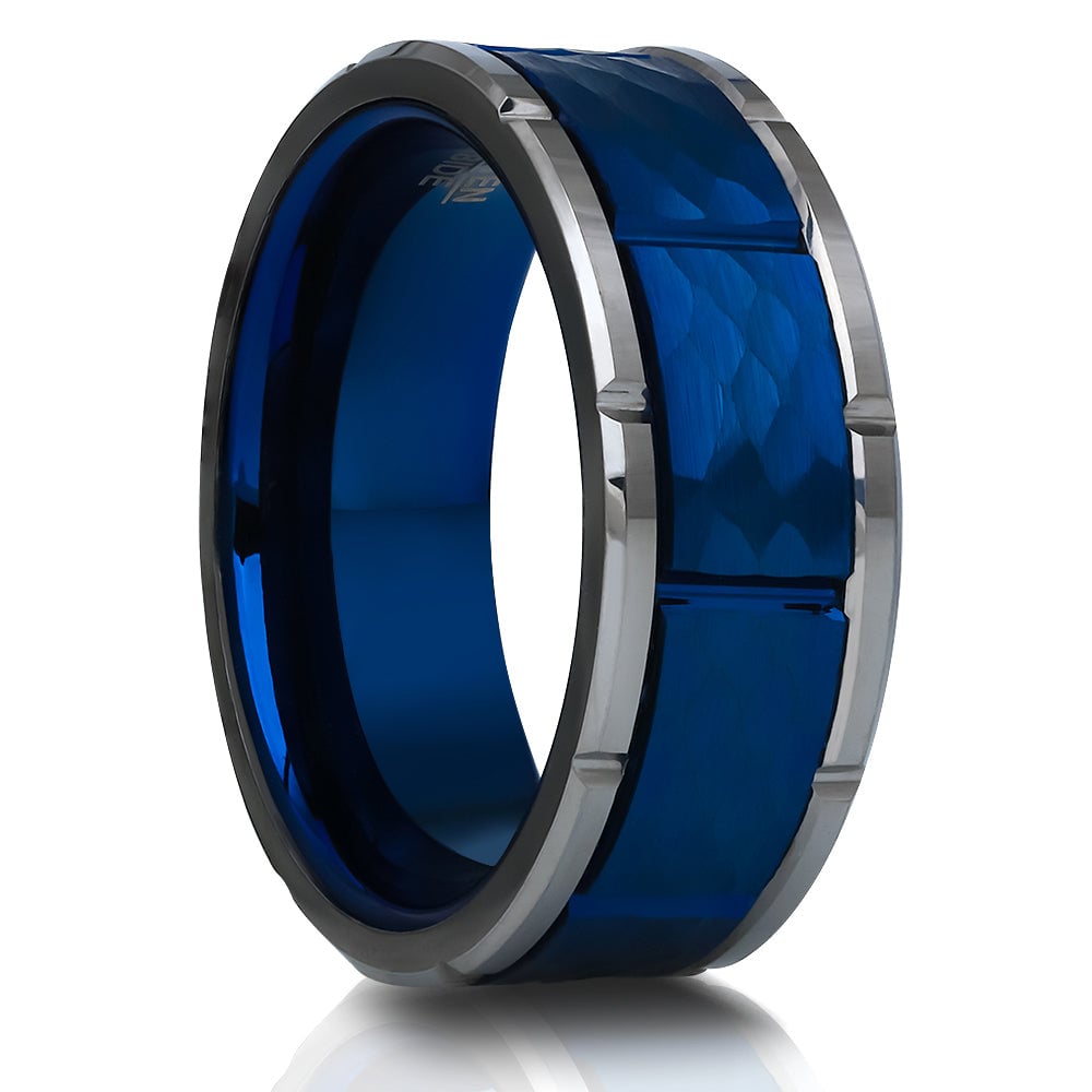 Blue Tungsten Wedding Ring 8mm Hammered Finish Silver Edges Comfort Fit Image 6